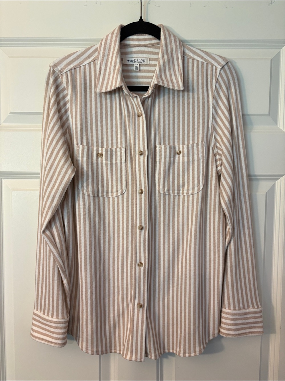 Workshop Striped Button-Up Shirt in Beige and White, soft feel